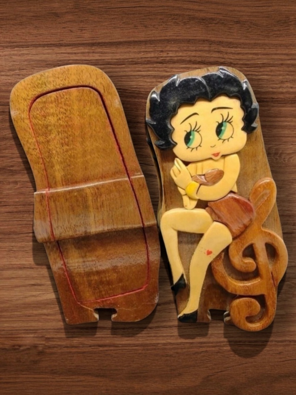 Betty Boop Artisan Wooden Heart Key Puzzle Box 1990s